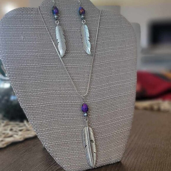 Feather Silver Pewter Pendant Stainless Steel Chain Necklace 20" Feathers Set - Picture 2 of 6